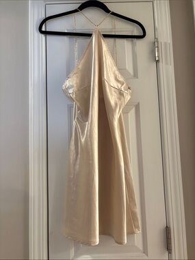 Short Satin Halter High Neck Slip Dress in Champagne with Crystal Neck Straps